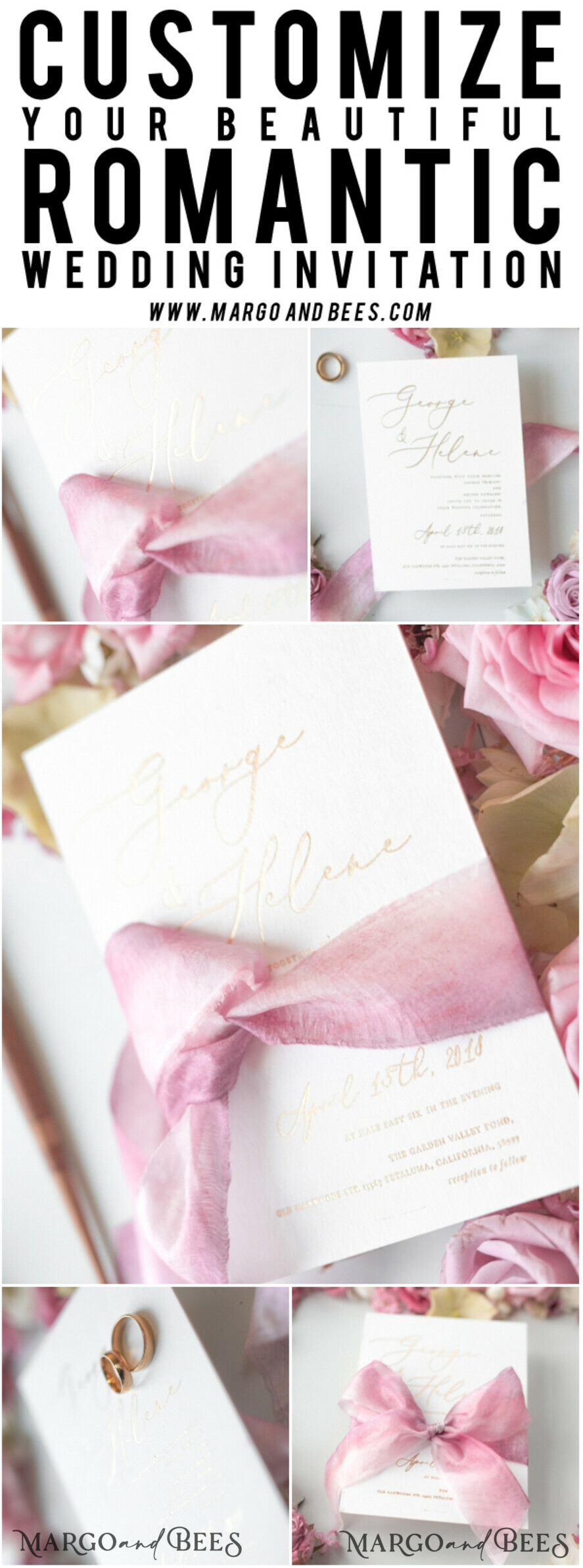 WEDDING INVITATIONS Elegant Invites Classic Cards Elegant Personalized Wedding Invitations Romantic Stationery with Vintage Garden Roses and Handmade Silk Bow Gold Foil Letters Blush Pink Envelope