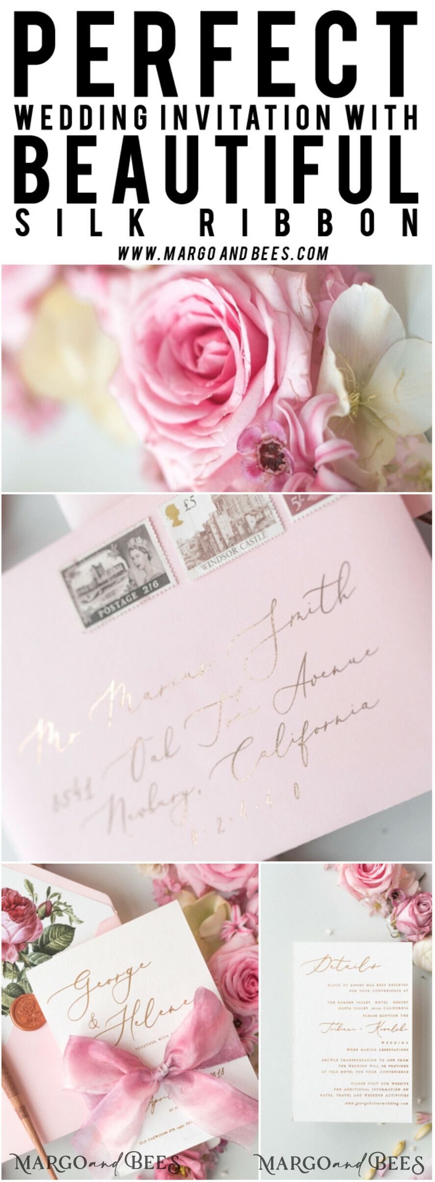 WEDDING INVITATIONS Elegant Invites Classic Cards Elegant Personalized Wedding Invitations Romantic Stationery with Vintage Garden Roses and Handmade Silk Bow Gold Foil Letters Blush Pink Envelope