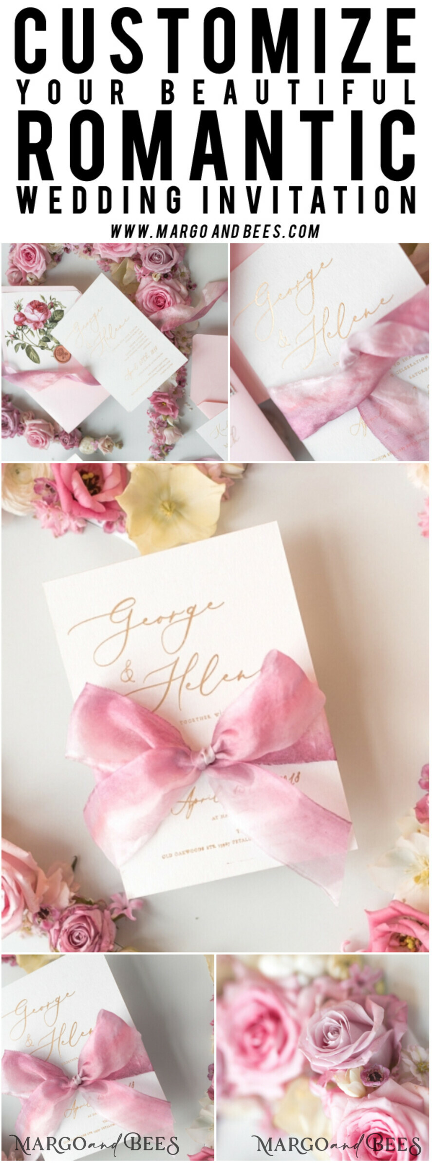 WEDDING INVITATIONS Elegant Invites Classic Cards Elegant Personalized Wedding Invitations Romantic Stationery with Vintage Garden Roses and Handmade Silk Bow Gold Foil Letters Blush Pink Envelope