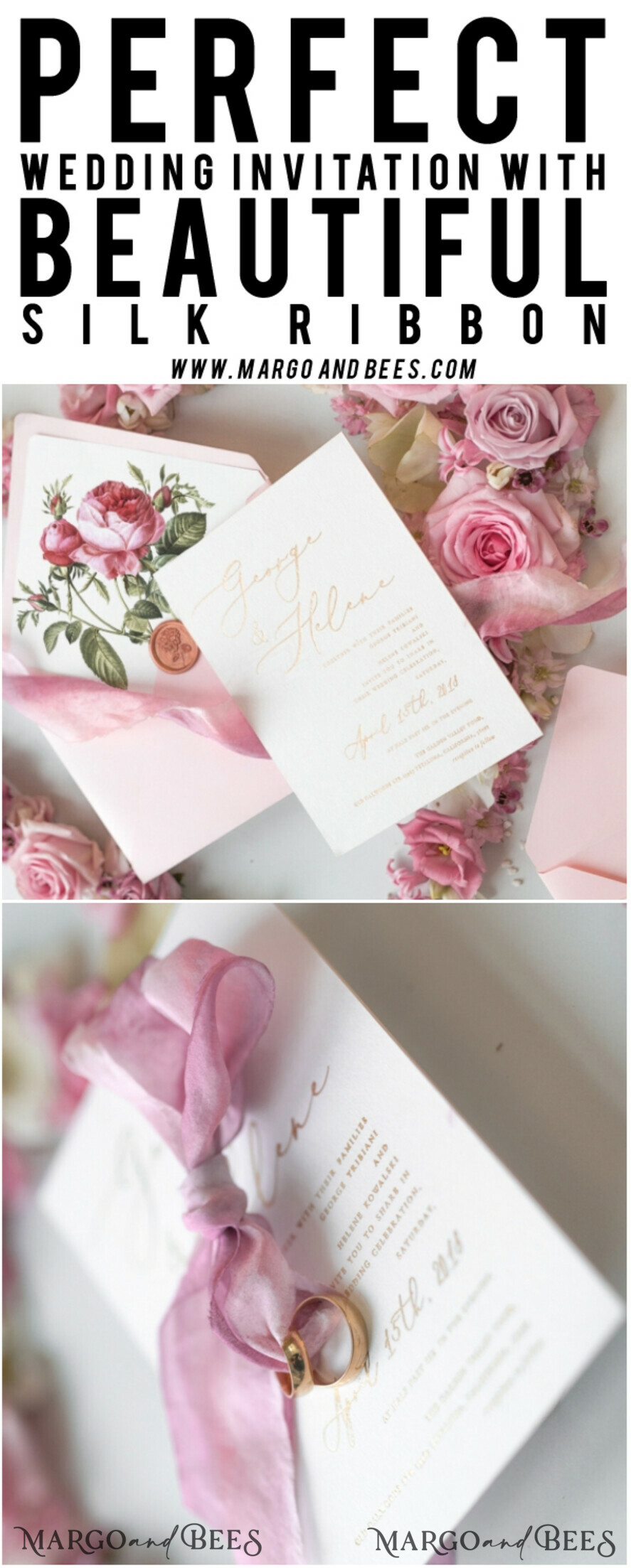 WEDDING INVITATIONS Elegant Invites Classic Cards Elegant Personalized Wedding Invitations Romantic Stationery with Vintage Garden Roses and Handmade Silk Bow Gold Foil Letters Blush Pink Envelope
