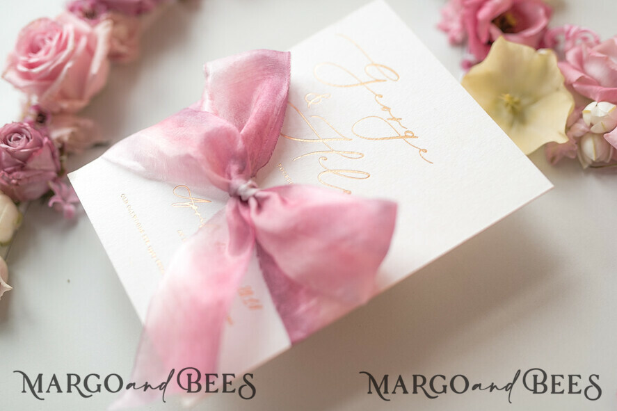 WEDDING INVITATIONS Elegant Invites Classic Cards Elegant Personalized Wedding Invitations Romantic Stationery with Vintage Garden Roses and Handmade Silk Bow Gold Foil Letters Blush Pink Envelope