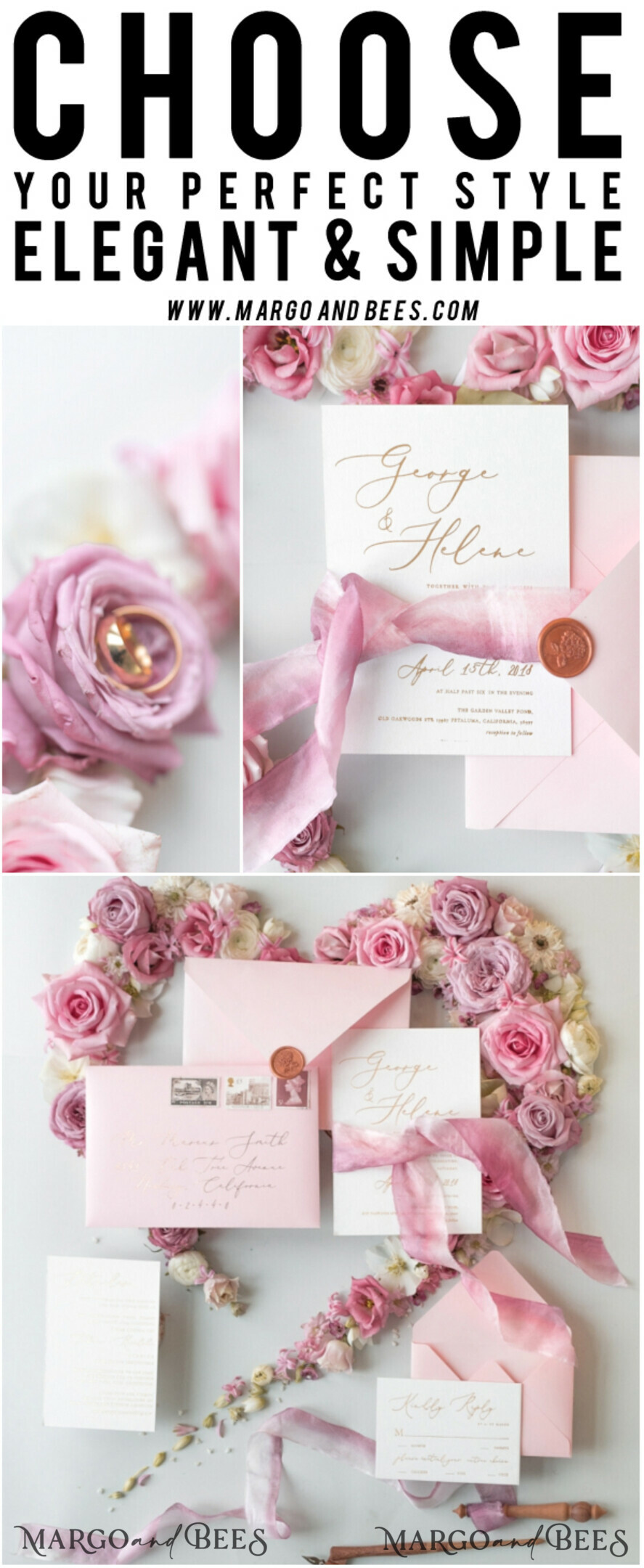 WEDDING INVITATIONS Elegant Invites Classic Cards Elegant Personalized Wedding Invitations Romantic Stationery with Vintage Garden Roses and Handmade Silk Bow Gold Foil Letters Blush Pink Envelope