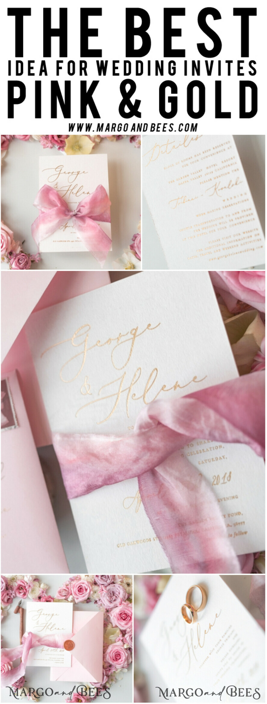WEDDING INVITATIONS Elegant Invites Classic Cards Elegant Personalized Wedding Invitations Romantic Stationery with Vintage Garden Roses and Handmade Silk Bow Gold Foil Letters Blush Pink Envelope