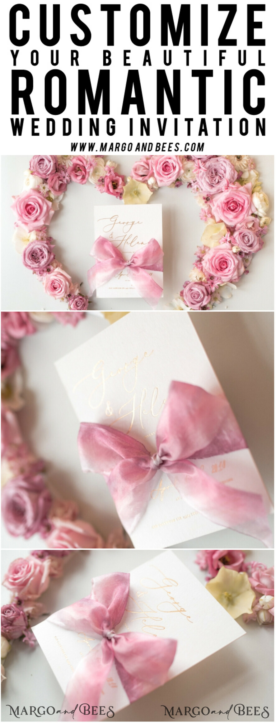 WEDDING INVITATIONS Elegant Invites Classic Cards Elegant Personalized Wedding Invitations Romantic Stationery with Vintage Garden Roses and Handmade Silk Bow Gold Foil Letters Blush Pink Envelope