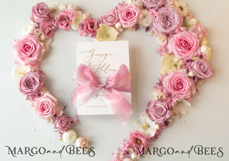 WEDDING INVITATIONS Elegant Invites Classic Cards Elegant Personalized Wedding Invitations Romantic Stationery with Vintage Garden Roses and Handmade Silk Bow Gold Foil Letters Blush Pink Envelope