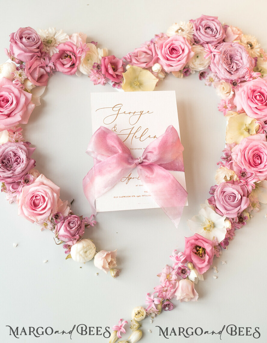 WEDDING INVITATIONS Elegant Invites Classic Cards Elegant Personalized Wedding Invitations Romantic Stationery with Vintage Garden Roses and Handmade Silk Bow Gold Foil Letters Blush Pink Envelope