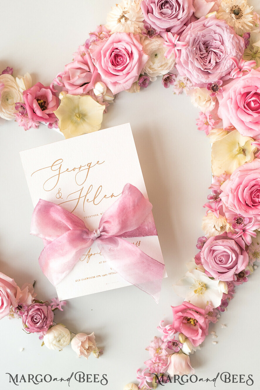 WEDDING INVITATIONS Elegant Invites Classic Cards Elegant Personalized Wedding Invitations Romantic Stationery with Vintage Garden Roses and Handmade Silk Bow Gold Foil Letters Blush Pink Envelope
