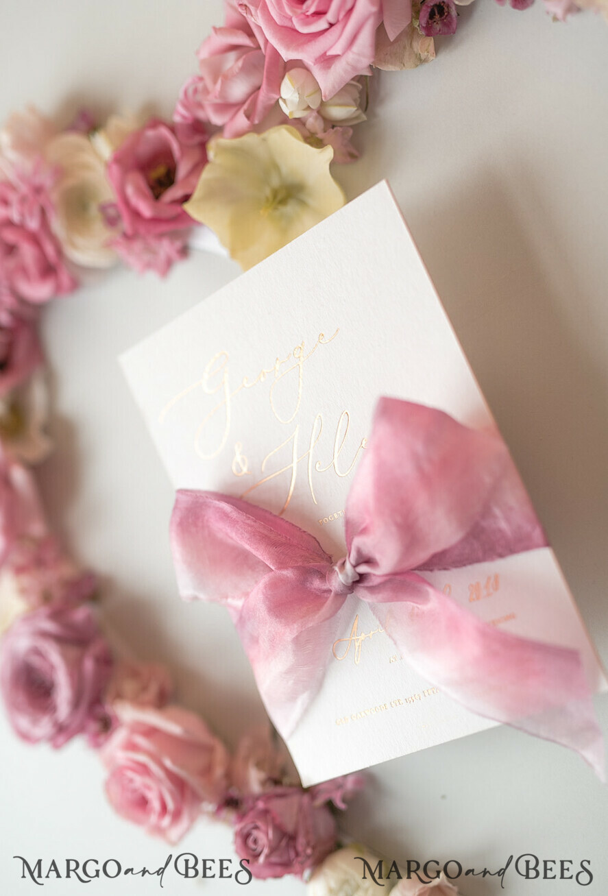 WEDDING INVITATIONS Elegant Invites Classic Cards Elegant Personalized Wedding Invitations Romantic Stationery with Vintage Garden Roses and Handmade Silk Bow Gold Foil Letters Blush Pink Envelope
