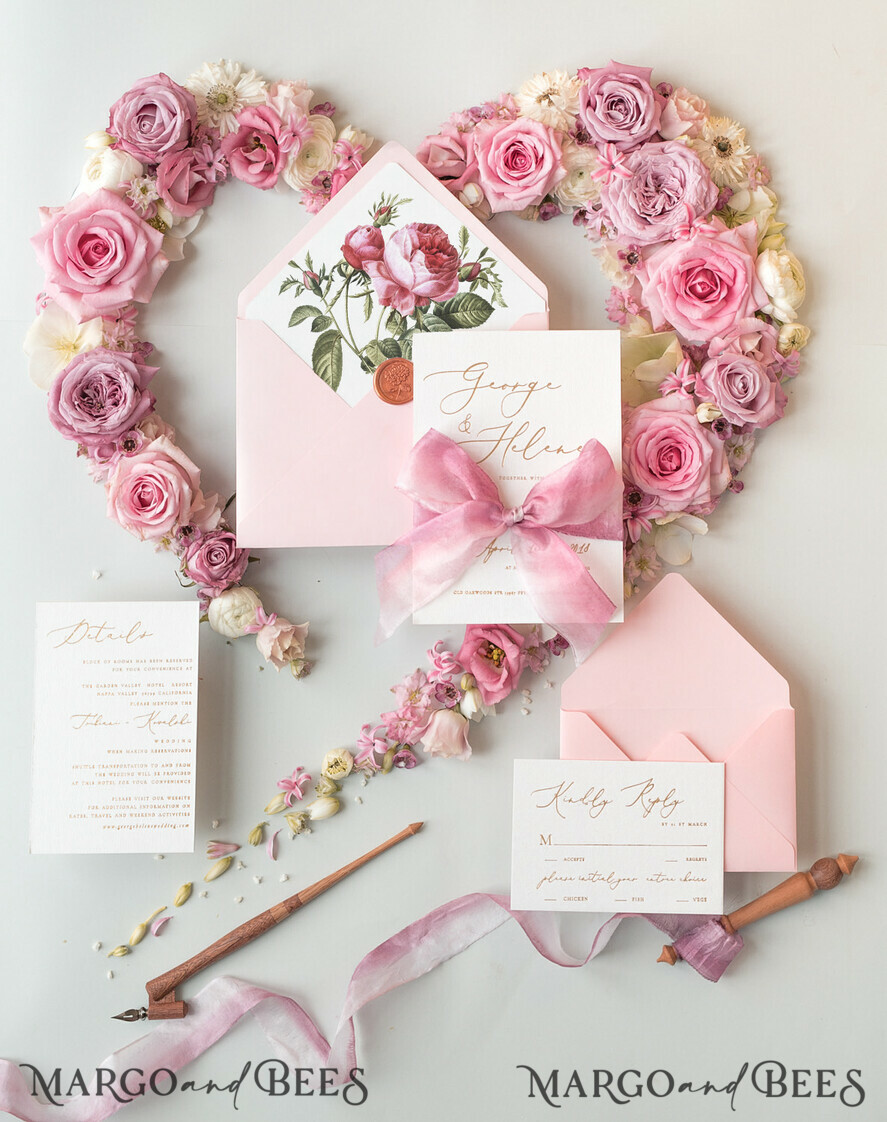 WEDDING INVITATIONS Elegant Invites Classic Cards Elegant Personalized Wedding Invitations Romantic Stationery with Vintage Garden Roses and Handmade Silk Bow Gold Foil Letters Blush Pink Envelope