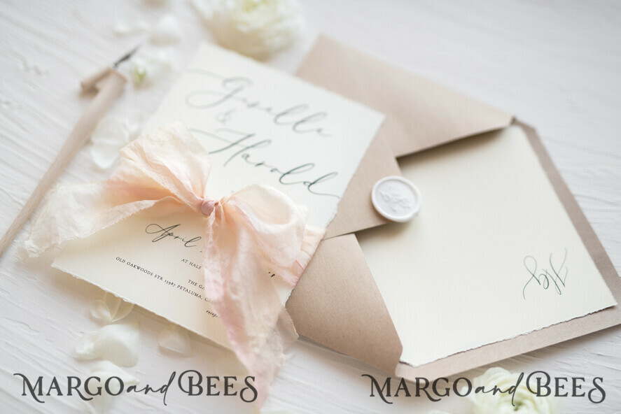 WEDDING INVITATIONS Elegant Invites Classic Cards Fairytale Minimalist Wedding Invitations Fine Art Stationery with Handmade Silk Bow Craft Envelope Monogram Liner