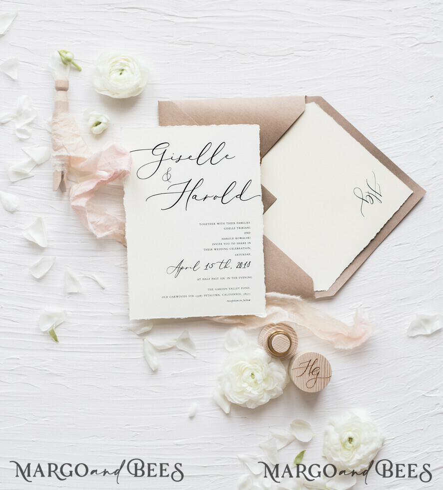 WEDDING INVITATIONS Elegant Invites Classic Cards Fairytale Minimalist Wedding Invitations Fine Art Stationery with Handmade Silk Bow Craft Envelope Monogram Liner