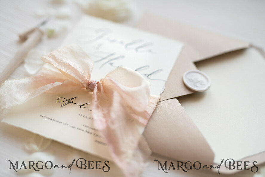 WEDDING INVITATIONS Elegant Invites Classic Cards Fairytale Minimalist Wedding Invitations Fine Art Stationery with Handmade Silk Bow Craft Envelope Monogram Liner