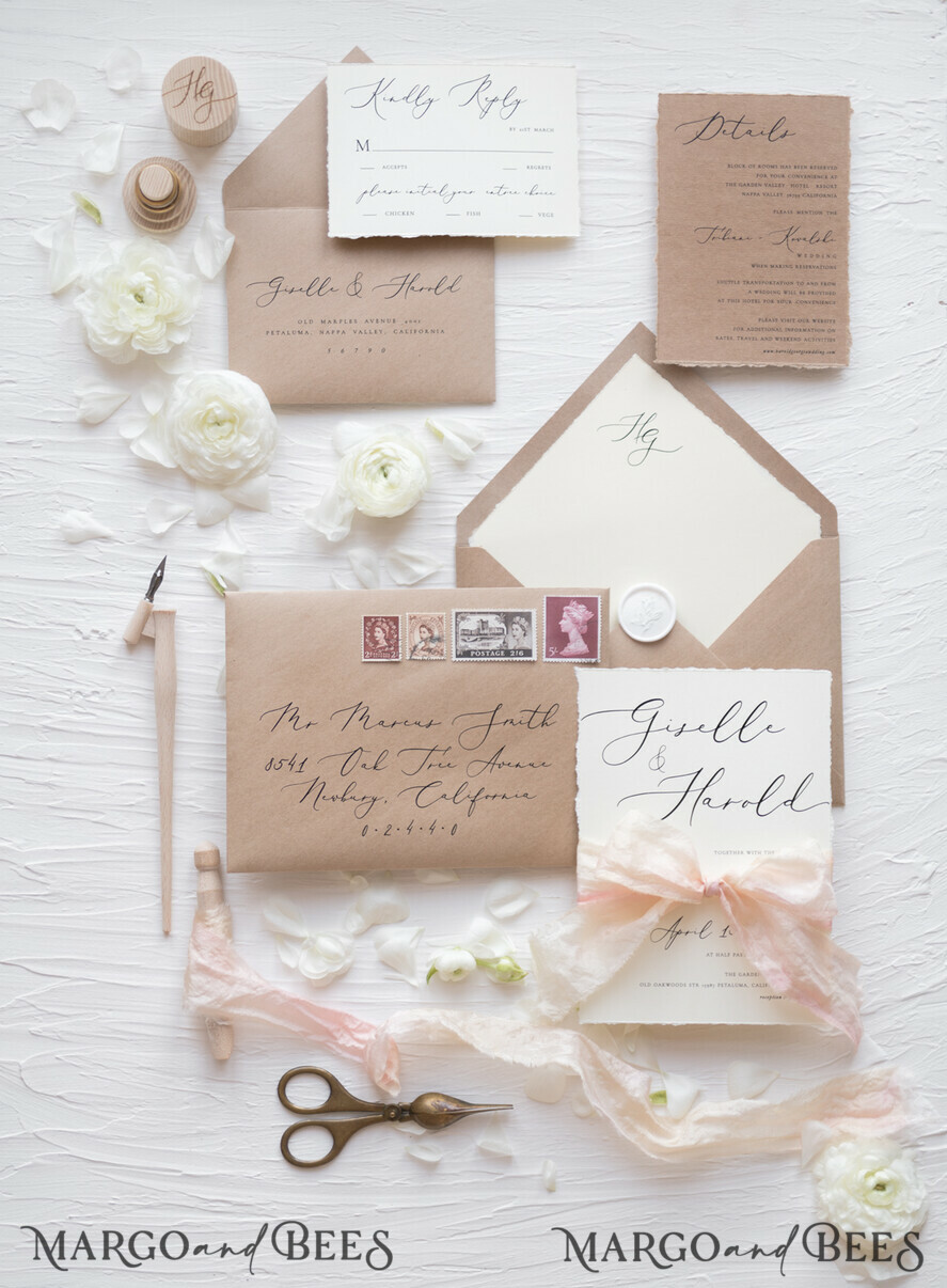 WEDDING INVITATIONS Elegant Invites Classic Cards Fairytale Minimalist Wedding Invitations Fine Art Stationery with Handmade Silk Bow Craft Envelope Monogram Liner