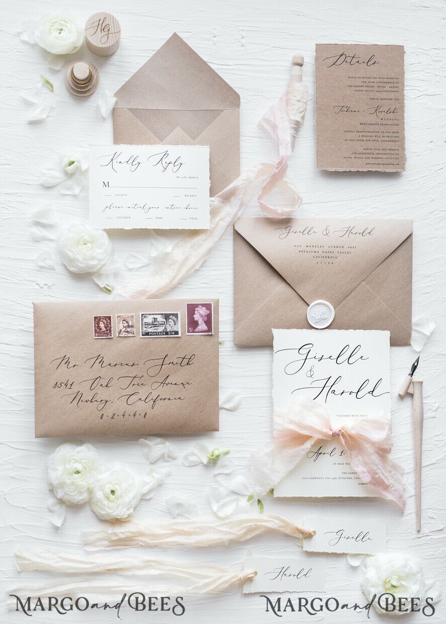 WEDDING INVITATIONS Elegant Invites Classic Cards Fairytale Minimalist Wedding Invitations Fine Art Stationery with Handmade Silk Bow Craft Envelope Monogram Liner