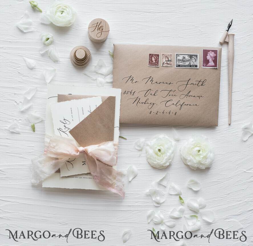WEDDING INVITATIONS Elegant Invites Classic Cards Fairytale Minimalist Wedding Invitations Fine Art Stationery with Handmade Silk Bow Craft Envelope Monogram Liner