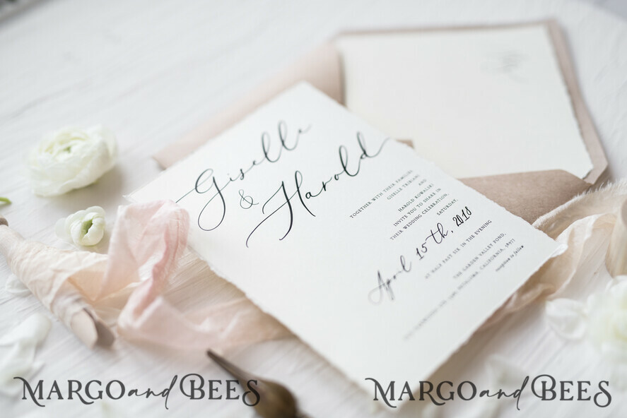 WEDDING INVITATIONS Elegant Invites Classic Cards Fairytale Minimalist Wedding Invitations Fine Art Stationery with Handmade Silk Bow Craft Envelope Monogram Liner