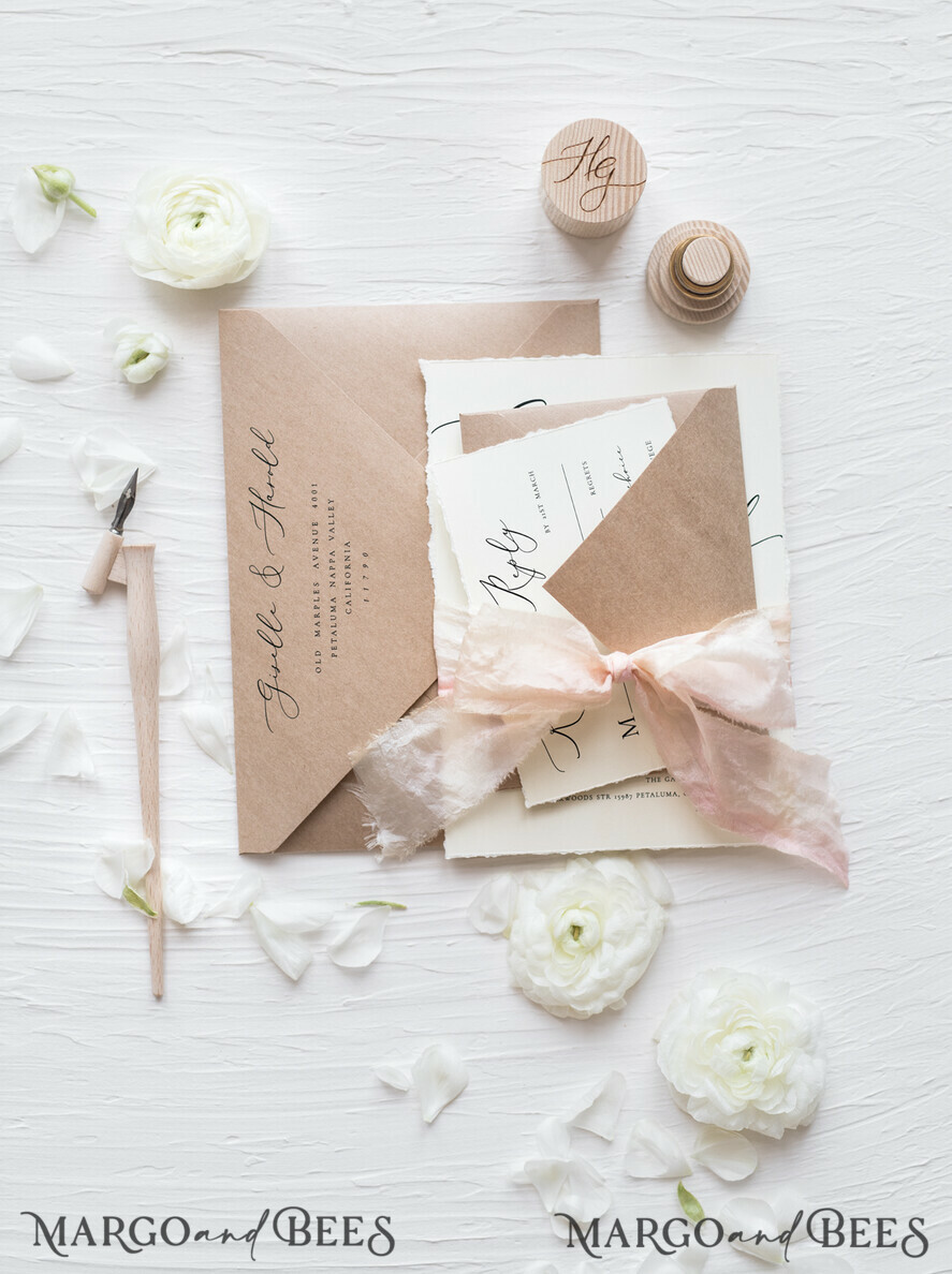 WEDDING INVITATIONS Elegant Invites Classic Cards Fairytale Minimalist Wedding Invitations Fine Art Stationery with Handmade Silk Bow Craft Envelope Monogram Liner