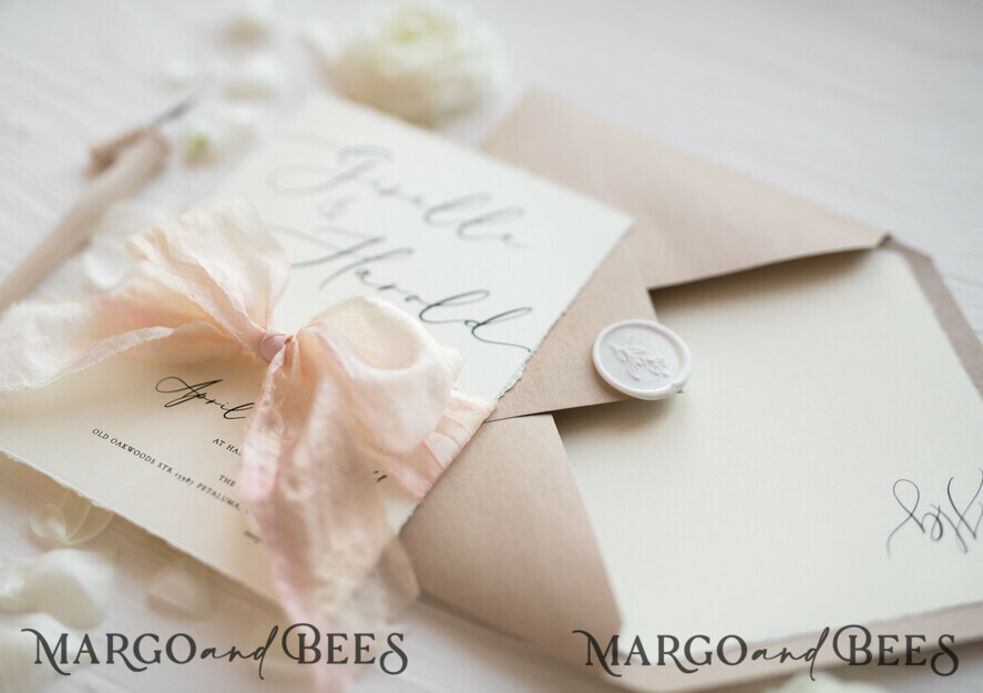 WEDDING INVITATIONS Elegant Invites Classic Cards Fairytale Minimalist Wedding Invitations Fine Art Stationery with Handmade Silk Bow Craft Envelope Monogram Liner