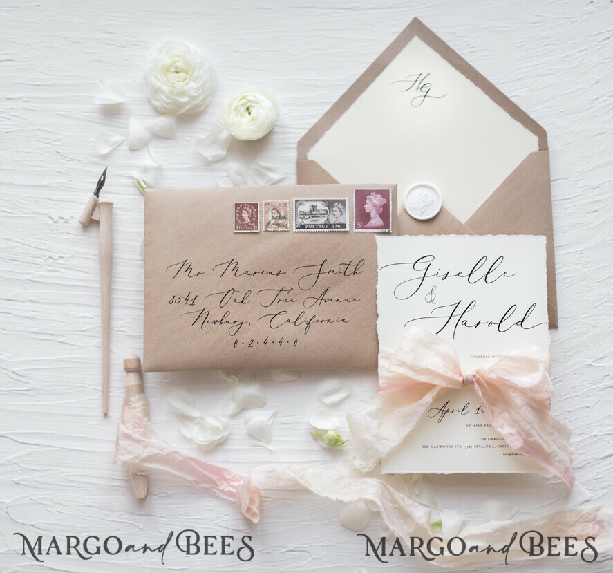 WEDDING INVITATIONS Elegant Invites Classic Cards Fairytale Minimalist Wedding Invitations Fine Art Stationery with Handmade Silk Bow Craft Envelope Monogram Liner