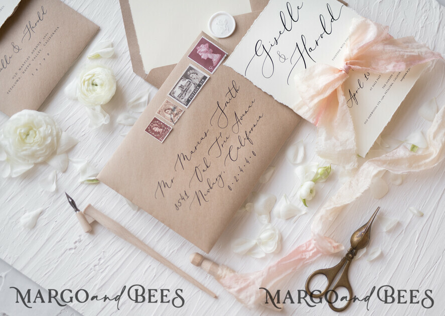 WEDDING INVITATIONS Elegant Invites Classic Cards Fairytale Minimalist Wedding Invitations Fine Art Stationery with Handmade Silk Bow Craft Envelope Monogram Liner
