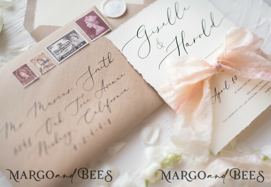 WEDDING INVITATIONS Elegant Invites Classic Cards Fairytale Minimalist Wedding Invitations Fine Art Stationery with Handmade Silk Bow Craft Envelope Monogram Liner