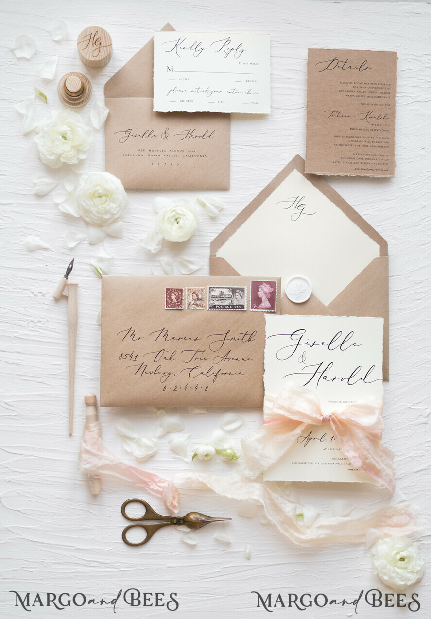 WEDDING INVITATIONS Elegant Invites Classic Cards Fairytale Minimalist Wedding Invitations Fine Art Stationery with Handmade Silk Bow Craft Envelope Monogram Liner