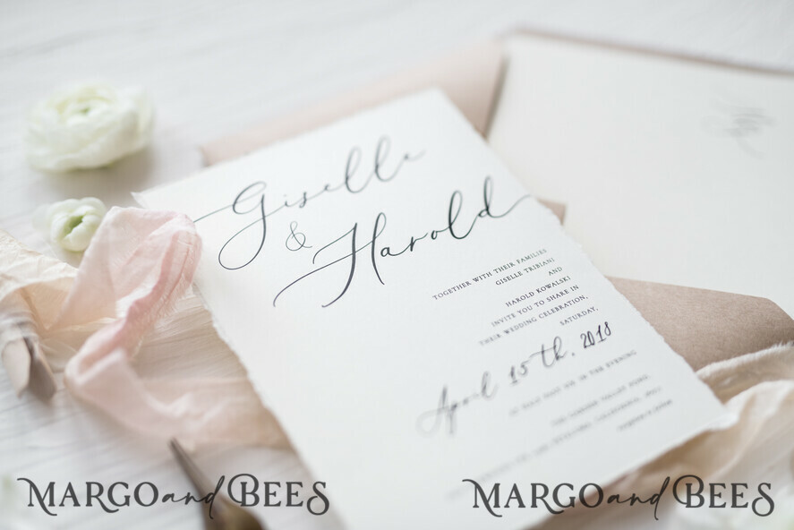 WEDDING INVITATIONS Elegant Invites Classic Cards Fairytale Minimalist Wedding Invitations Fine Art Stationery with Handmade Silk Bow Craft Envelope Monogram Liner