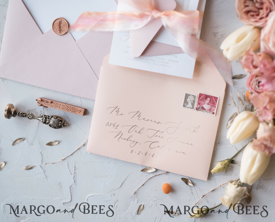WEDDING INVITATIONS Elegant Invites Classic Cards Vintage Romantic Wedding Invitations Blossom Stationery with Gold Foil Lettering Wax Seal Blush Pink or Peach Envelope