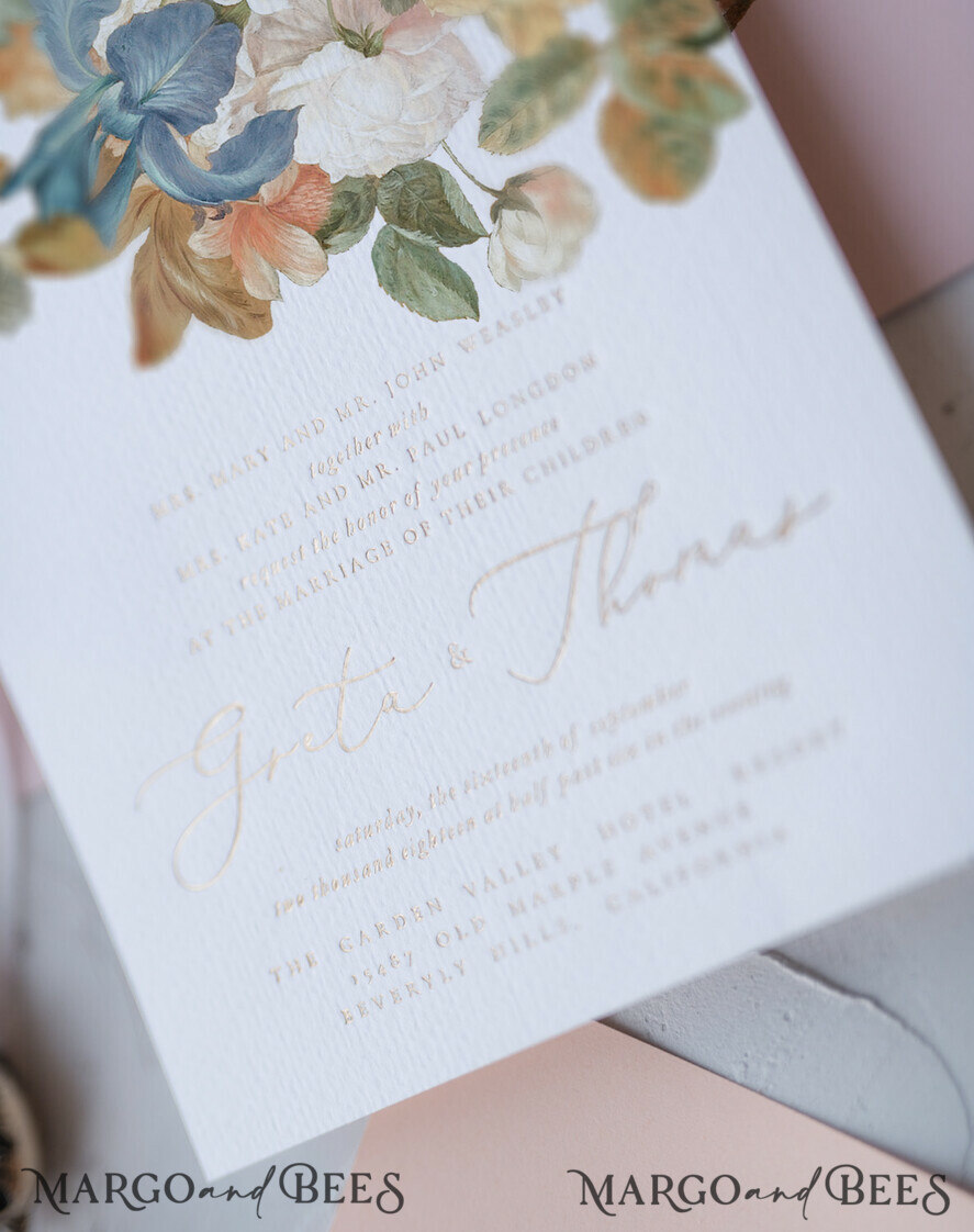 WEDDING INVITATIONS Elegant Invites Classic Cards Vintage Romantic Wedding Invitations Blossom Stationery with Gold Foil Lettering Wax Seal Blush Pink or Peach Envelope