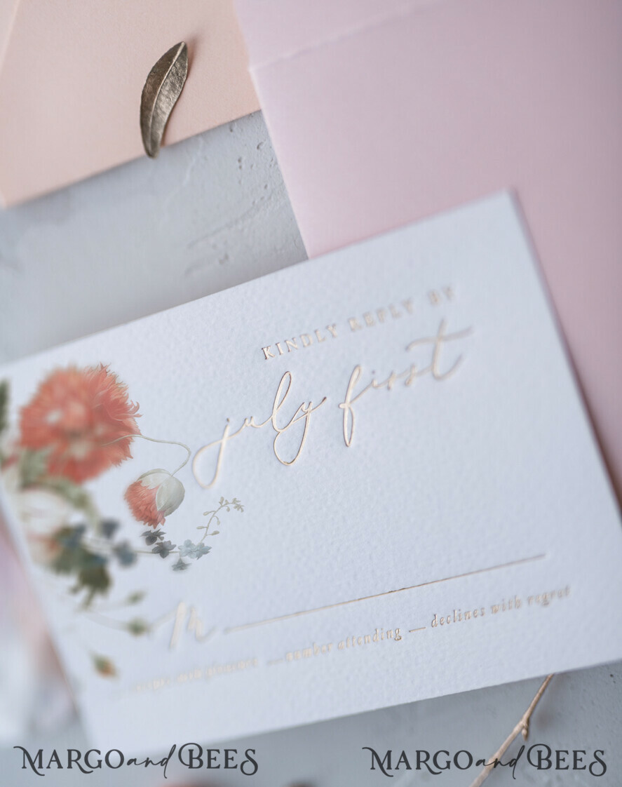 WEDDING INVITATIONS Elegant Invites Classic Cards Vintage Romantic Wedding Invitations Blossom Stationery with Gold Foil Lettering Wax Seal Blush Pink or Peach Envelope