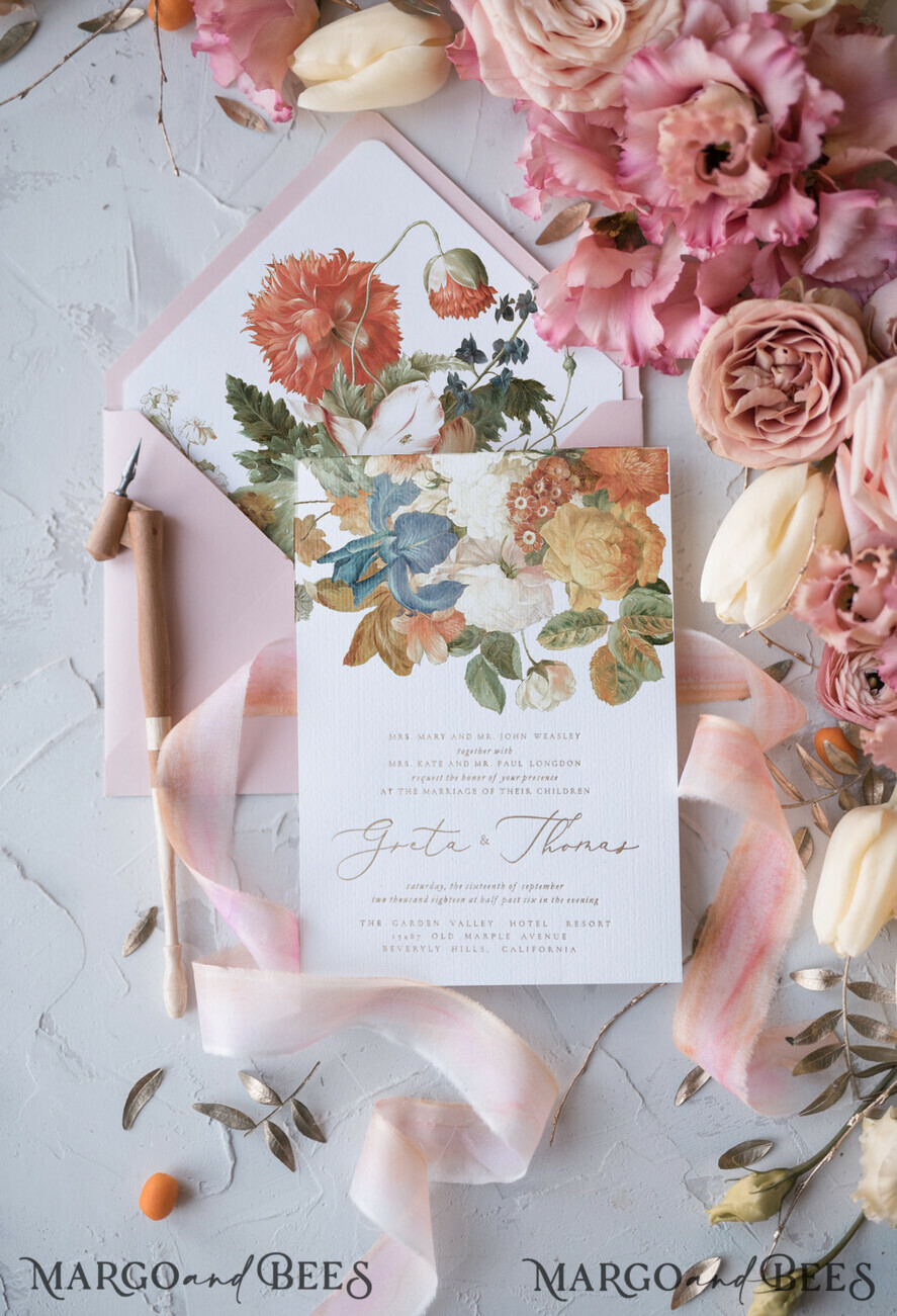 WEDDING INVITATIONS Elegant Invites Classic Cards Vintage Romantic Wedding Invitations Blossom Stationery with Gold Foil Lettering Wax Seal Blush Pink or Peach Envelope