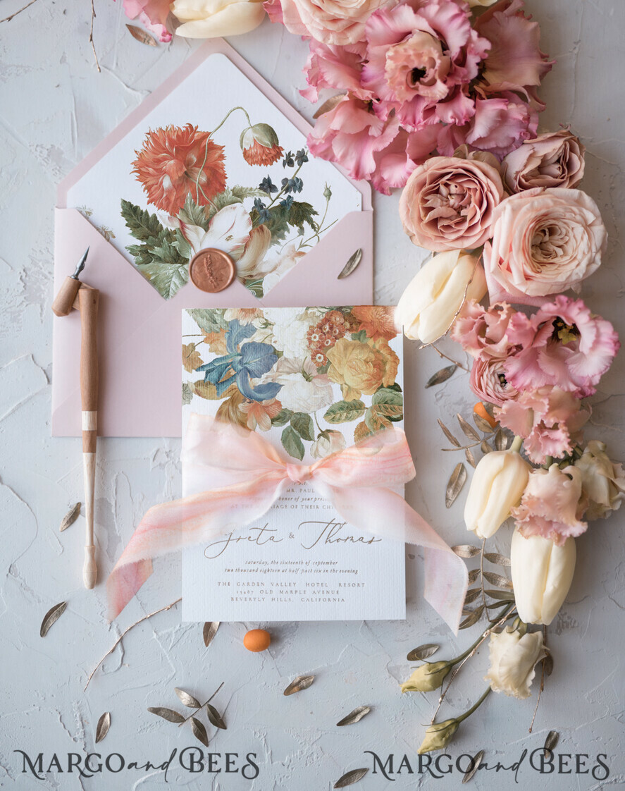 WEDDING INVITATIONS Elegant Invites Classic Cards Vintage Romantic Wedding Invitations Blossom Stationery with Gold Foil Lettering Wax Seal Blush Pink or Peach Envelope