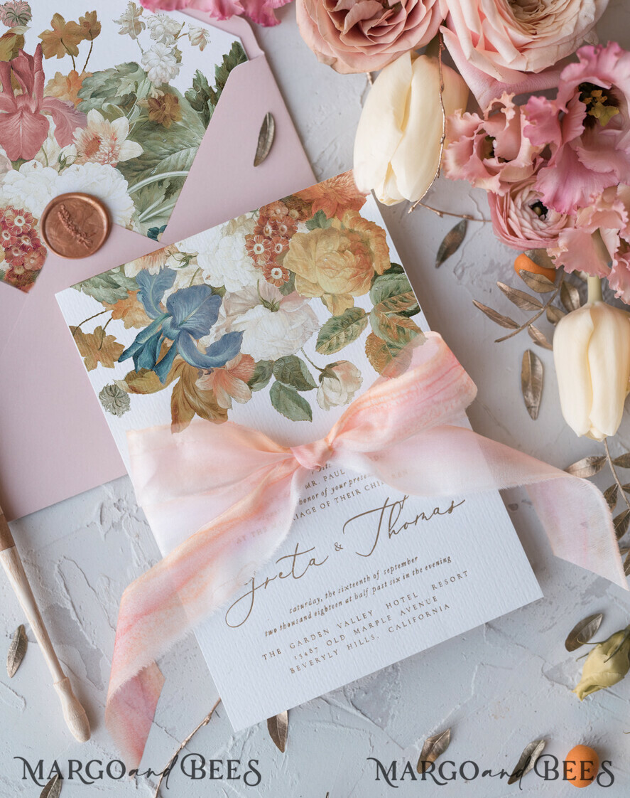 WEDDING INVITATIONS Elegant Invites Classic Cards Vintage Romantic Wedding Invitations Blossom Stationery with Gold Foil Lettering Wax Seal Blush Pink or Peach Envelope