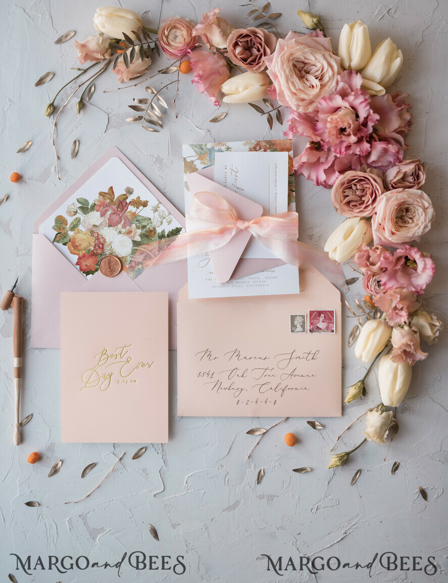 WEDDING INVITATIONS Elegant Invites Classic Cards Vintage Romantic Wedding Invitations Blossom Stationery with Gold Foil Lettering Wax Seal Blush Pink or Peach Envelope
