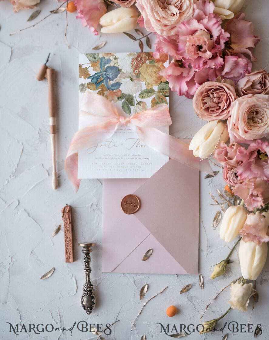 WEDDING INVITATIONS Elegant Invites Classic Cards Vintage Romantic Wedding Invitations Blossom Stationery with Gold Foil Lettering Wax Seal Blush Pink or Peach Envelope