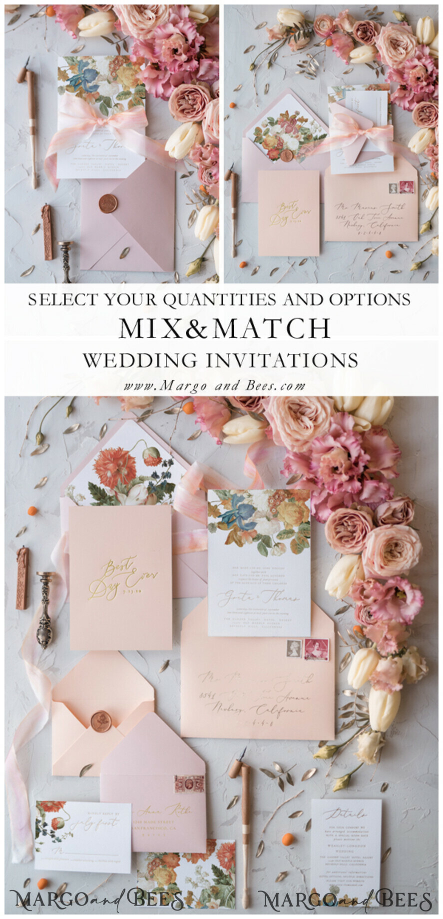 WEDDING INVITATIONS Elegant Invites Classic Cards Vintage Romantic Wedding Invitations Blossom Stationery with Gold Foil Lettering Wax Seal Blush Pink or Peach Envelope