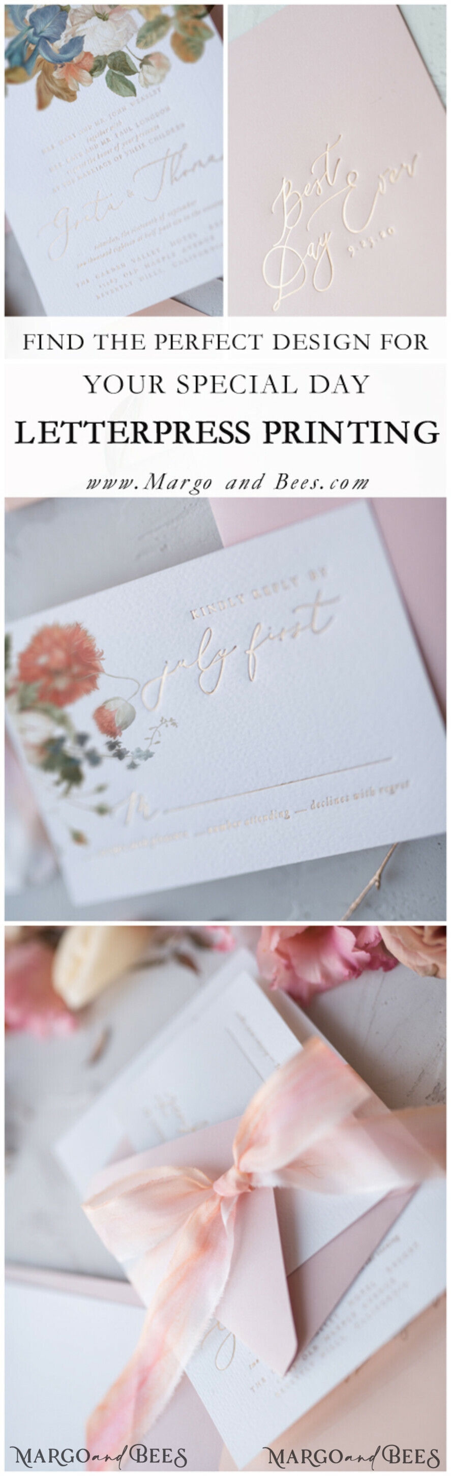 WEDDING INVITATIONS Elegant Invites Classic Cards Vintage Romantic Wedding Invitations Blossom Stationery with Gold Foil Lettering Wax Seal Blush Pink or Peach Envelope