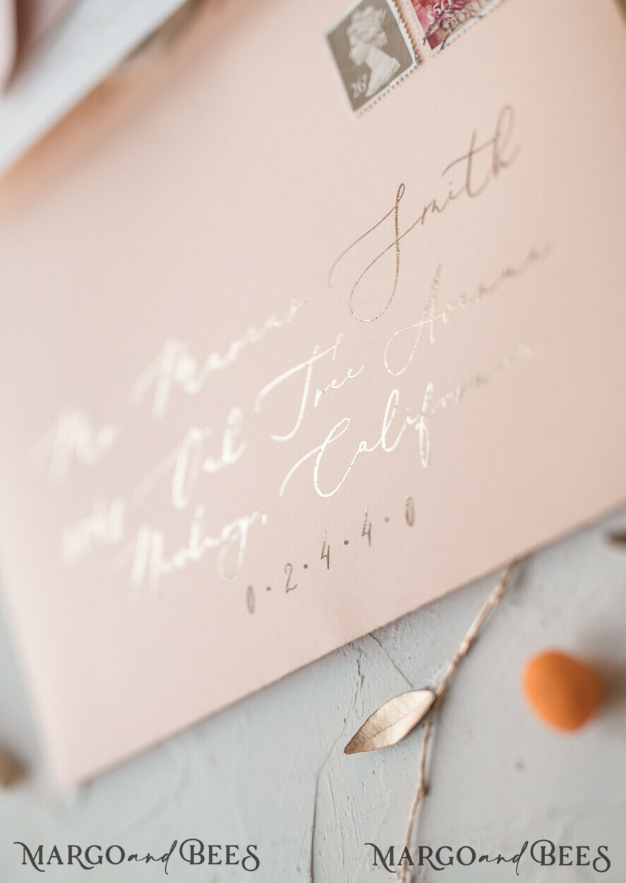 WEDDING INVITATIONS Elegant Invites Classic Cards Vintage Romantic Wedding Invitations Blossom Stationery with Gold Foil Lettering Wax Seal Blush Pink or Peach Envelope