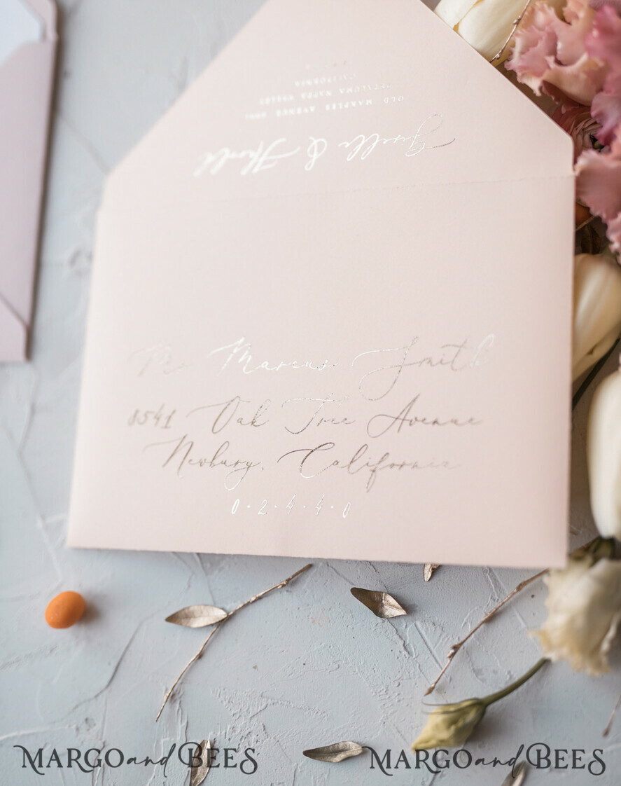 WEDDING INVITATIONS Elegant Invites Classic Cards Vintage Romantic Wedding Invitations Blossom Stationery with Gold Foil Lettering Wax Seal Blush Pink or Peach Envelope