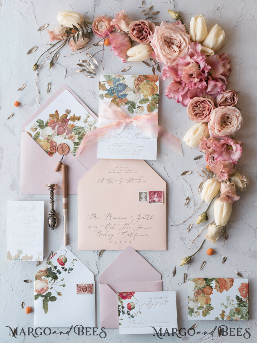 WEDDING INVITATIONS Elegant Invites Classic Cards Vintage Romantic Wedding Invitations Blossom Stationery with Gold Foil Lettering Wax Seal Blush Pink or Peach Envelope