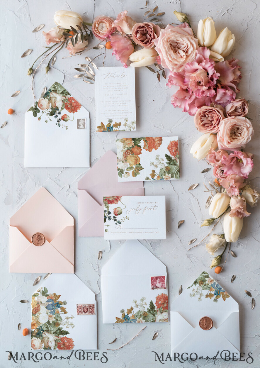 WEDDING INVITATIONS Elegant Invites Classic Cards Vintage Romantic Wedding Invitations Blossom Stationery with Gold Foil Lettering Wax Seal Blush Pink or Peach Envelope
