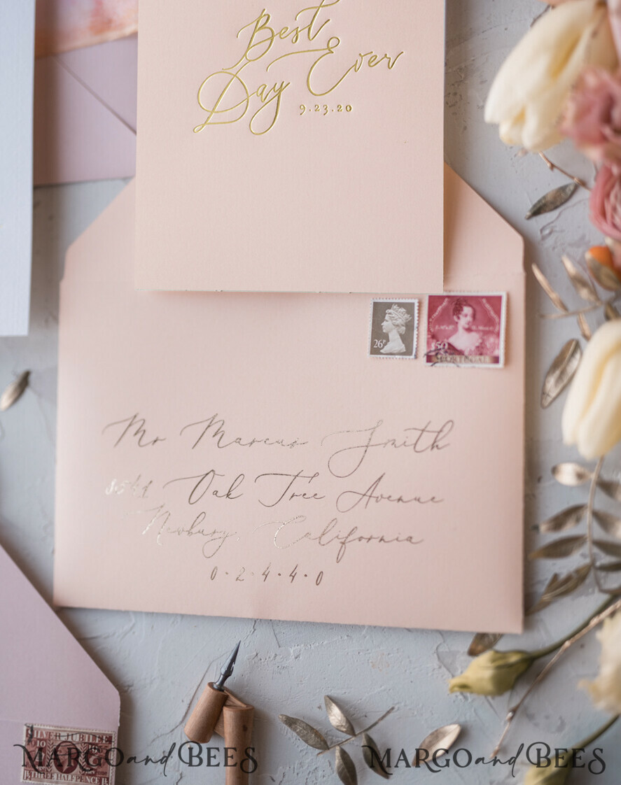 WEDDING INVITATIONS Elegant Invites Classic Cards Vintage Romantic Wedding Invitations Blossom Stationery with Gold Foil Lettering Wax Seal Blush Pink or Peach Envelope