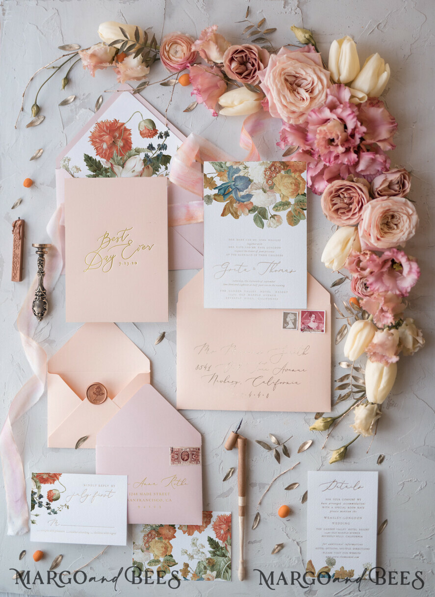 WEDDING INVITATIONS Elegant Invites Classic Cards Vintage Romantic Wedding Invitations Blossom Stationery with Gold Foil Lettering Wax Seal Blush Pink or Peach Envelope