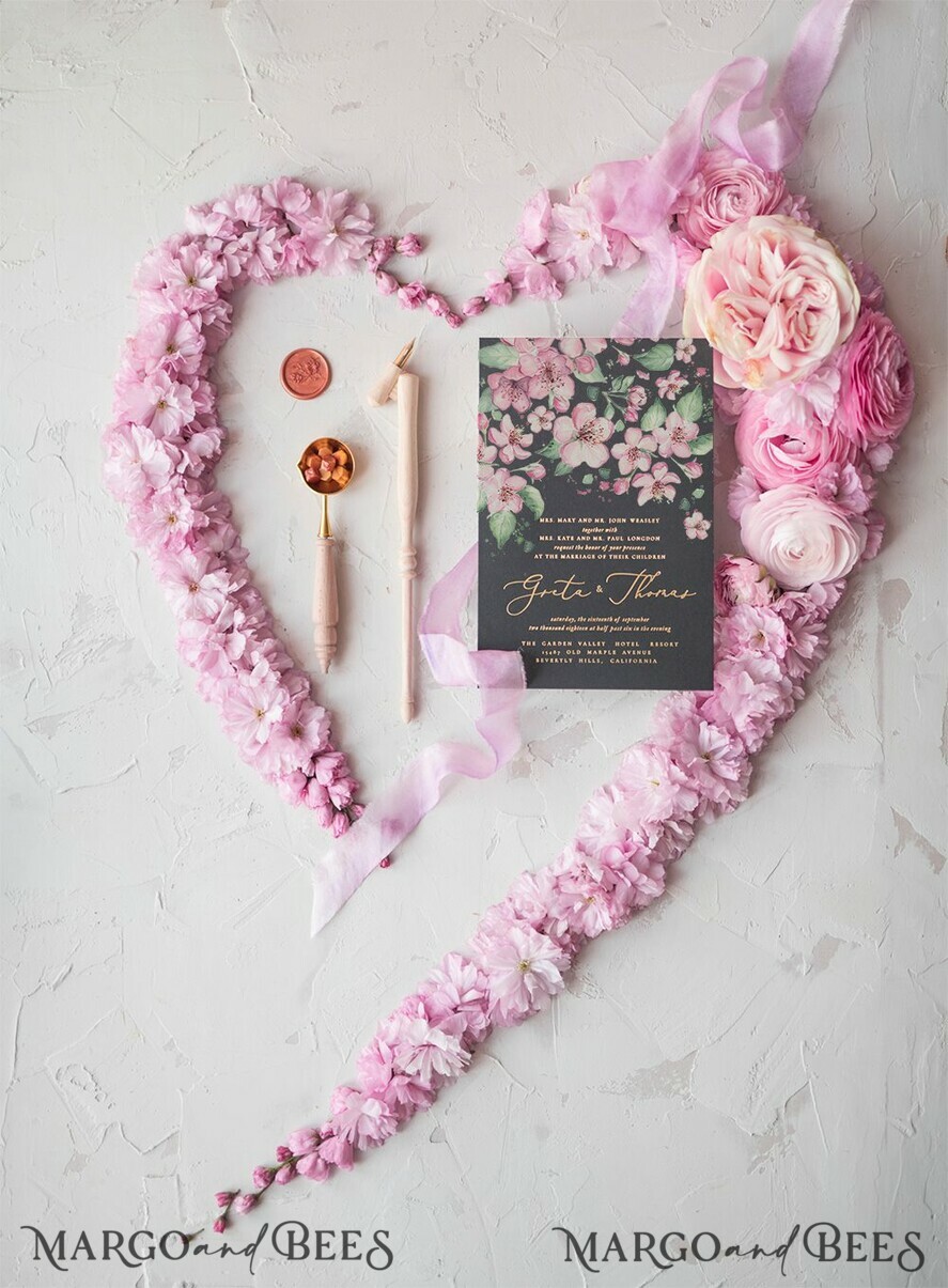 WEDDING INVITATIONS Elegant Invites Classic Cards Cherry Blossom Personalized Wedding iInvitations Golden Letters Stationery with Silk Bow Blush Pink Envelope with Floral Liner