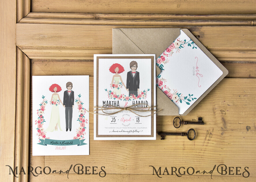 WEDDING INVITATIONS Elegant Invites Classic Cards Silhouette Wedding Invitations Bride and Groom Custom Illustration Stationery with Eco Envelope Floral Liner