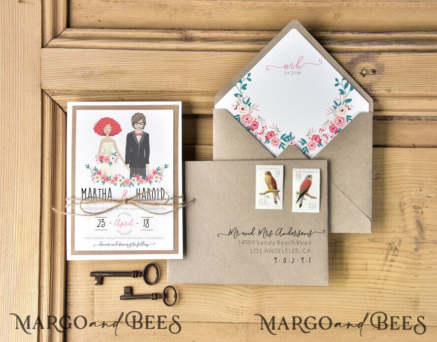 WEDDING INVITATIONS Elegant Invites Classic Cards Silhouette Wedding Invitations Bride and Groom Custom Illustration Stationery with Eco Envelope Floral Liner