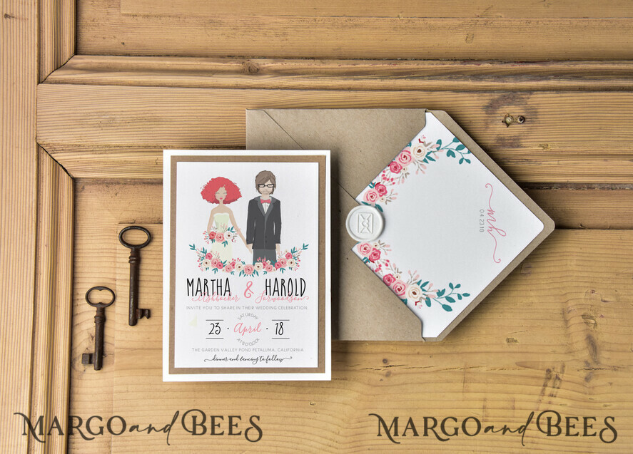 WEDDING INVITATIONS Elegant Invites Classic Cards Silhouette Wedding Invitations Bride and Groom Custom Illustration Stationery with Eco Envelope Floral Liner