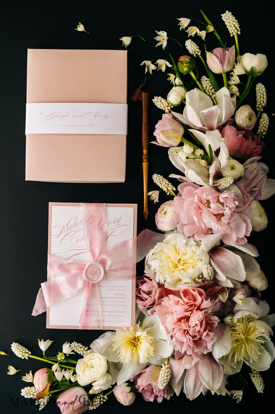 WEDDING INVITATIONS Elegant Invites Classic Cards Box Wedding Invitations Fine Art Stationery with Handmade Silk Bow and Floral Wax Seal