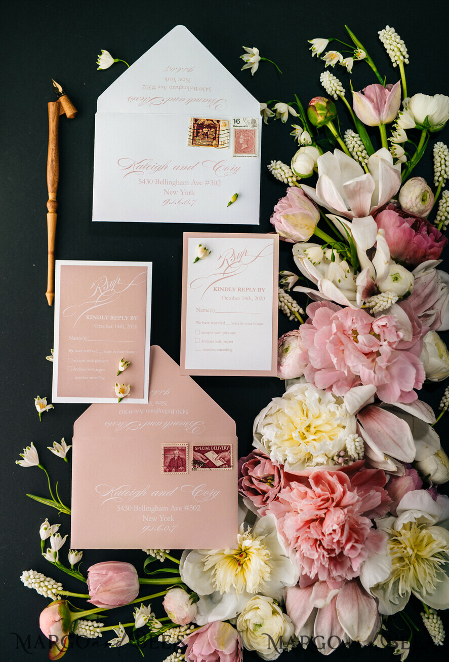 WEDDING INVITATIONS Elegant Invites Classic Cards Box Wedding Invitations Fine Art Stationery with Handmade Silk Bow and Floral Wax Seal