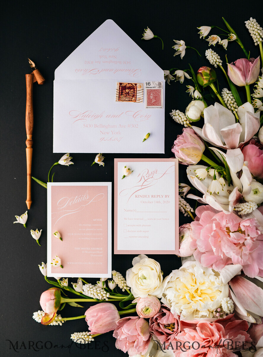 WEDDING INVITATIONS Elegant Invites Classic Cards Box Wedding Invitations Fine Art Stationery with Handmade Silk Bow and Floral Wax Seal